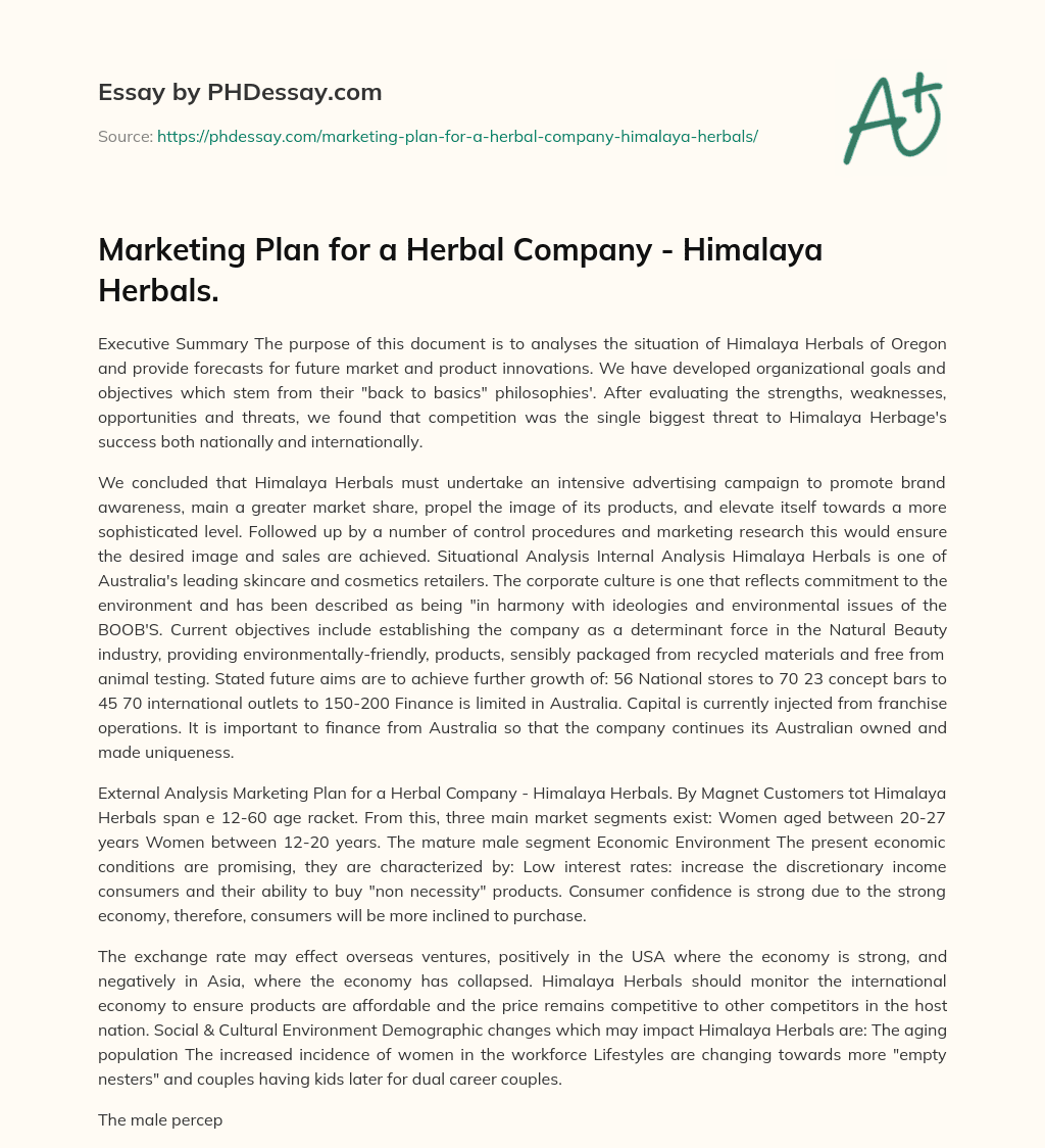 Marketing Plan for a Herbal Company – Himalaya Herbals. essay