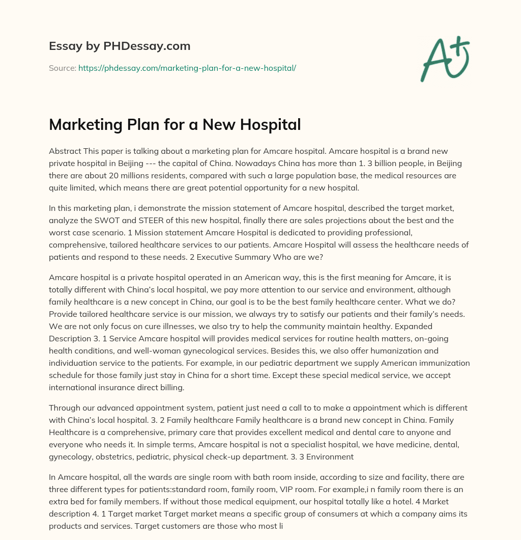 Marketing Plan for a New Hospital PHDessay com
