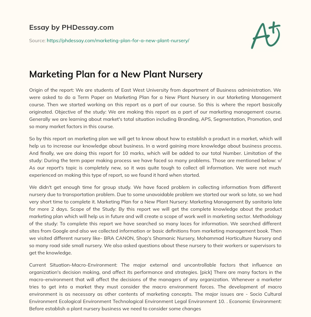 Marketing Plan for a New Plant Nursery essay