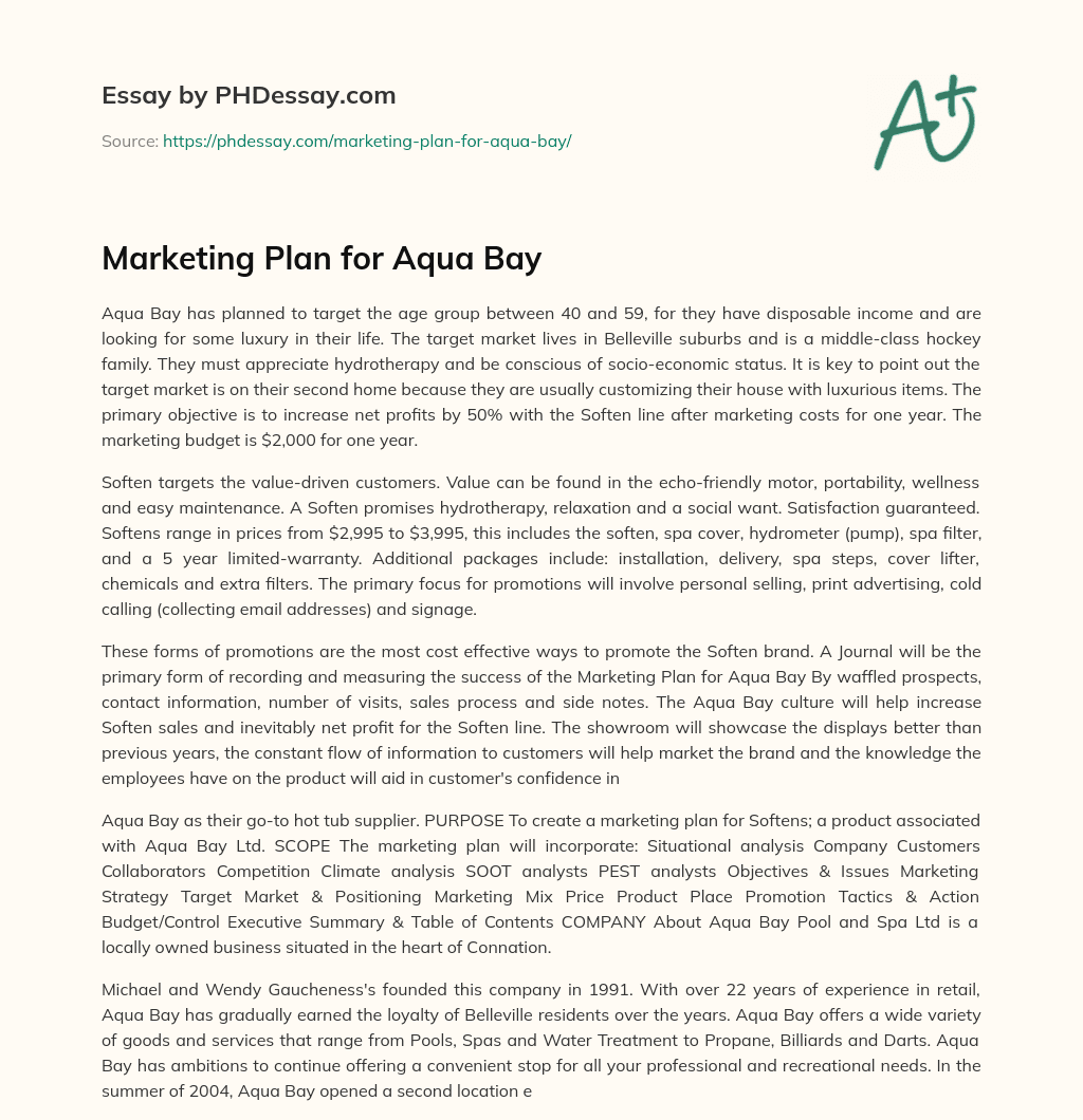 Marketing Plan for Aqua Bay essay