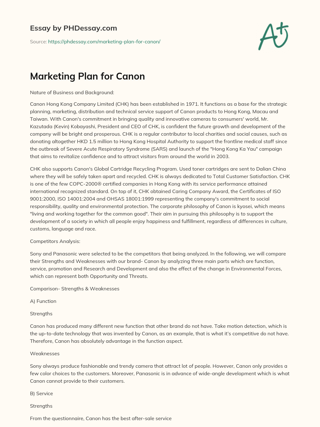 Marketing Plan for Canon essay
