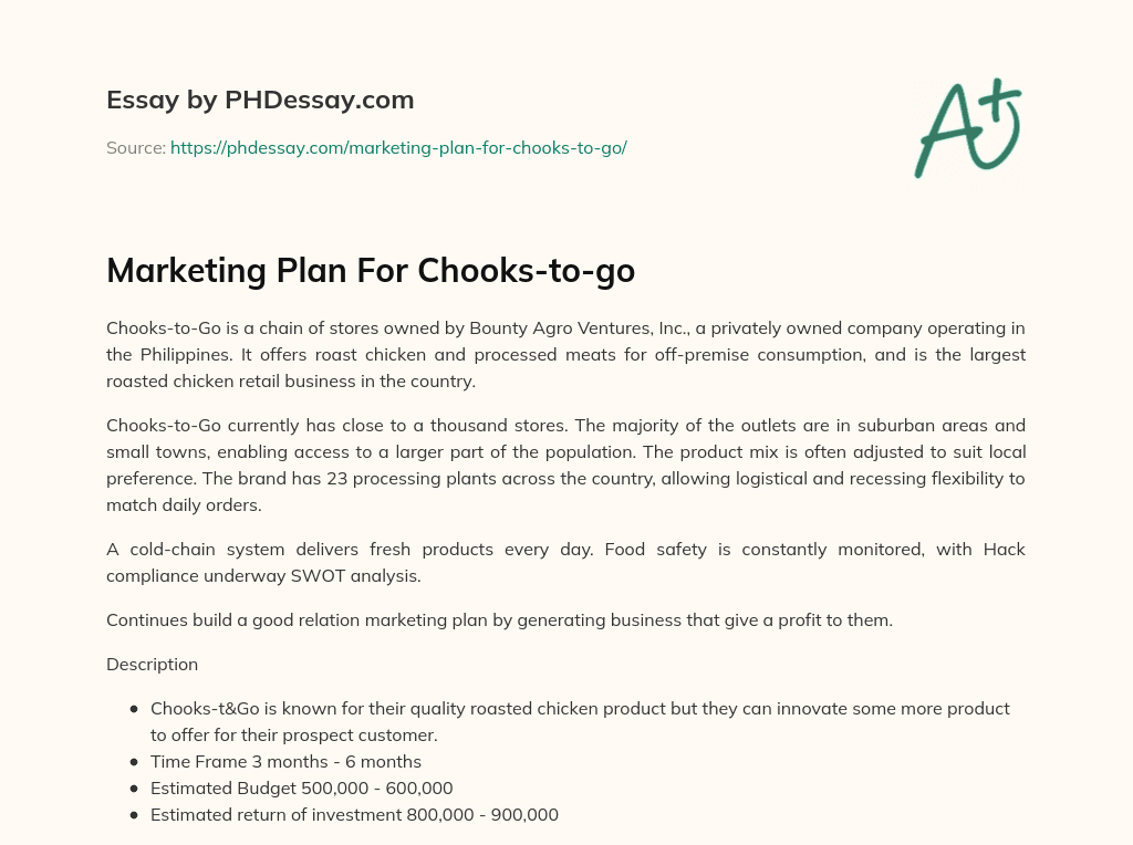 Marketing Plan For Chooks-to-go essay
