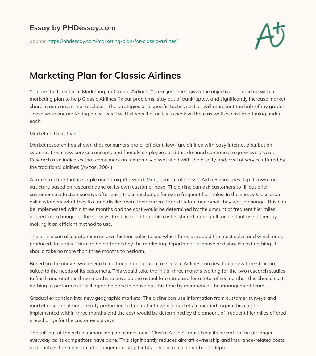 Marketing Plan for Classic Airlines essay