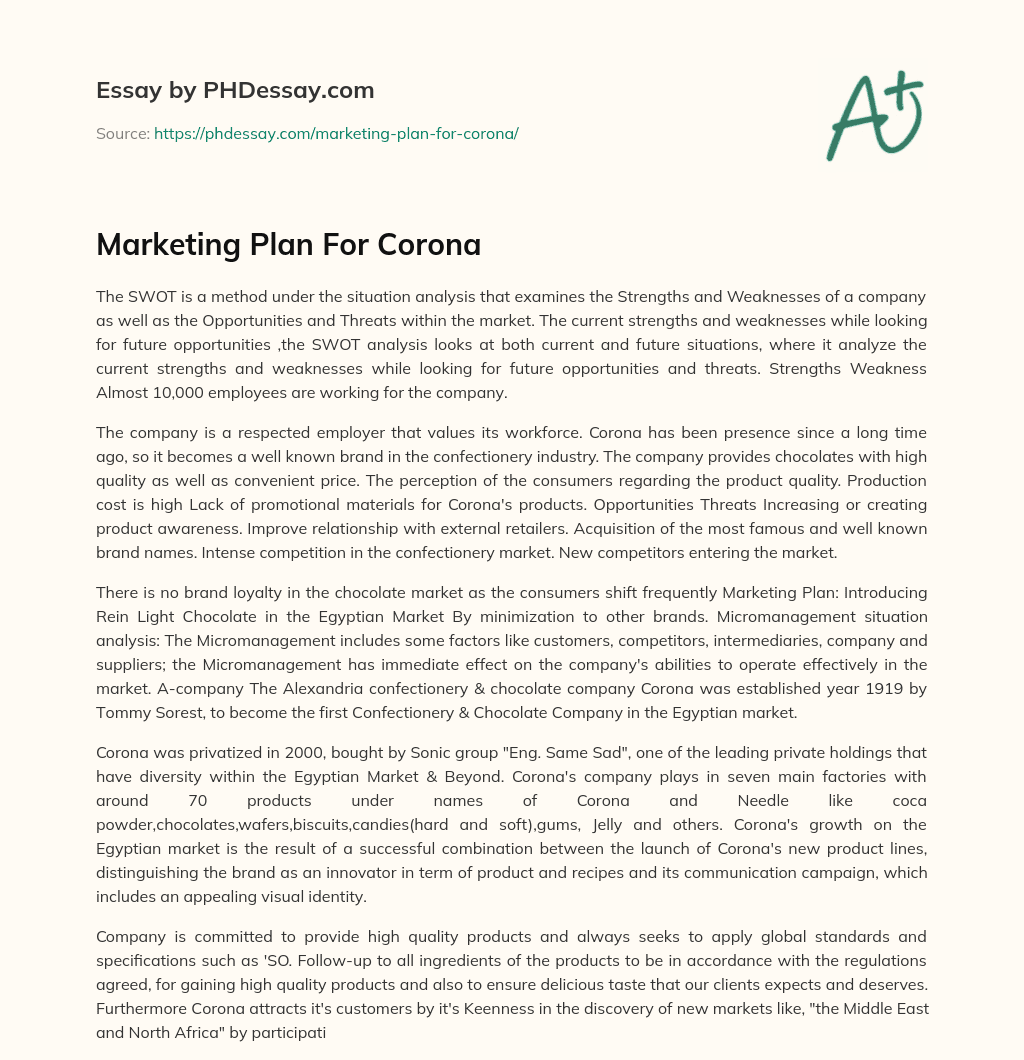 Marketing Plan For Corona essay