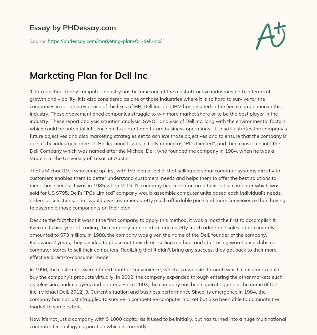 Marketing Plan for Dell Inc essay
