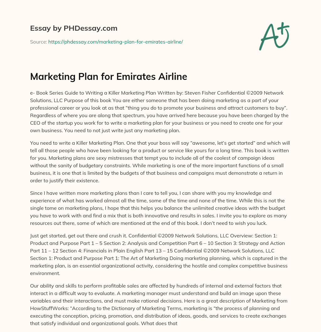Marketing Plan for Emirates Airline essay