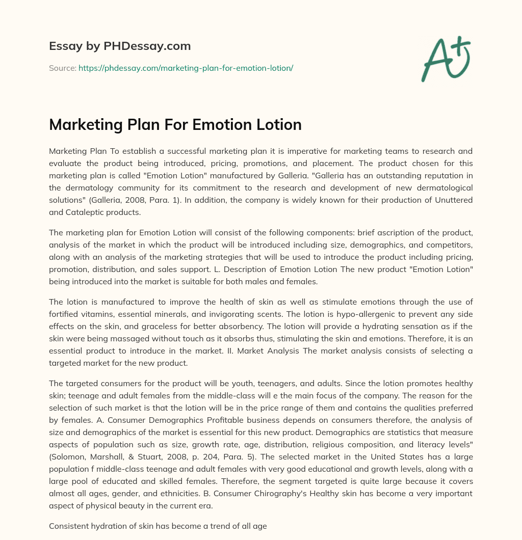 Marketing Plan For Emotion Lotion essay