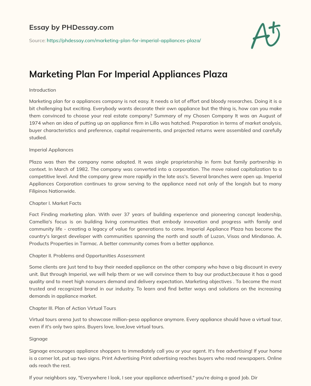 Marketing Plan For Imperial Appliances Plaza essay