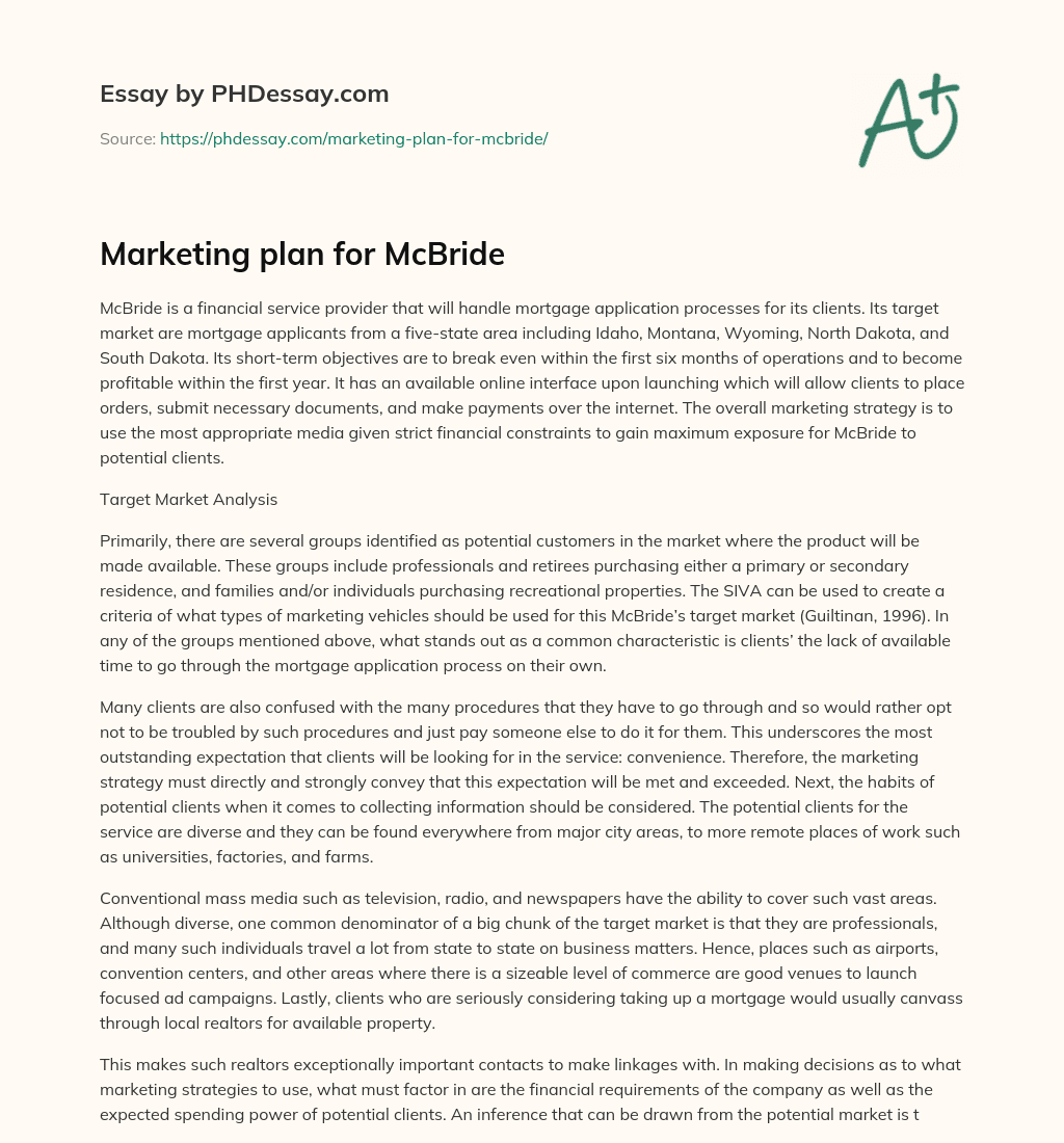 Marketing plan for McBride essay