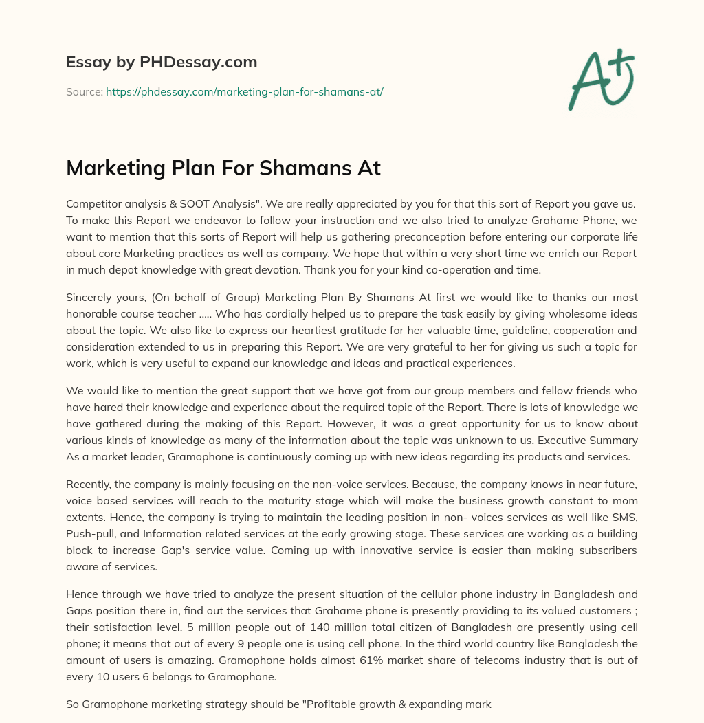 Marketing Plan For Shamans At essay