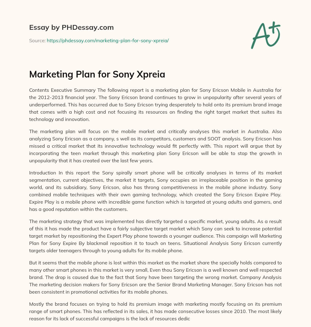 Marketing Plan for Sony Xpreia essay