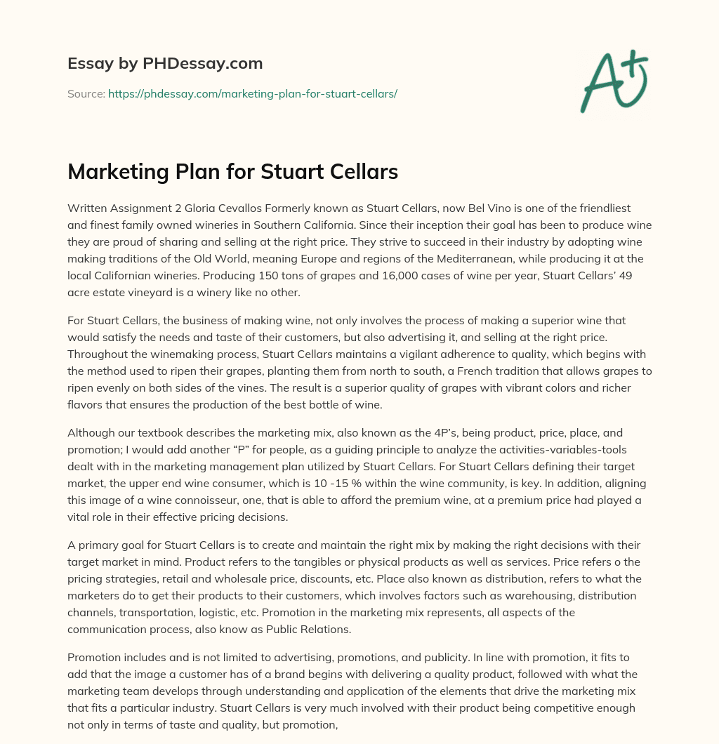Marketing Plan for Stuart Cellars essay