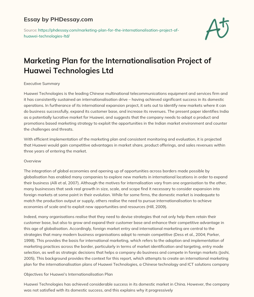 Marketing Plan for the Internationalisation Project of Huawei Technologies Ltd essay
