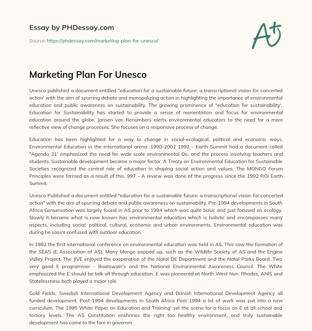 Marketing Plan For Unesco essay