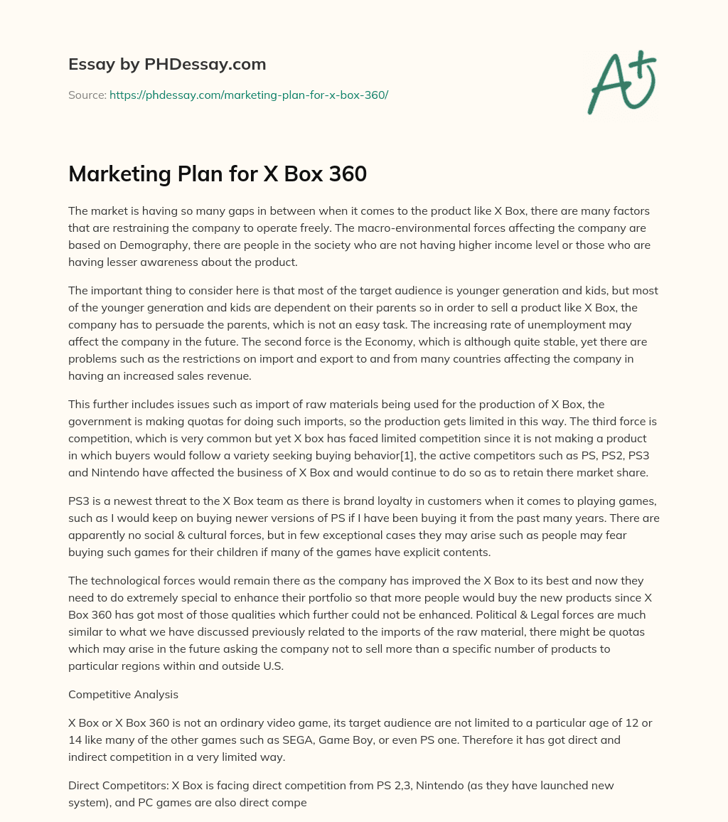 Marketing Plan for X Box 360 essay