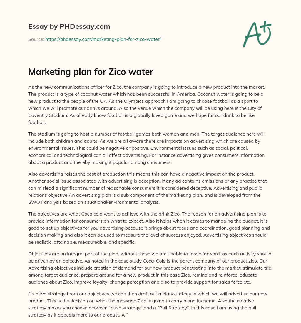 Marketing plan for Zico water essay