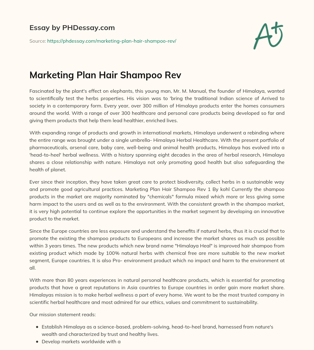 Marketing Plan Hair Shampoo Rev essay