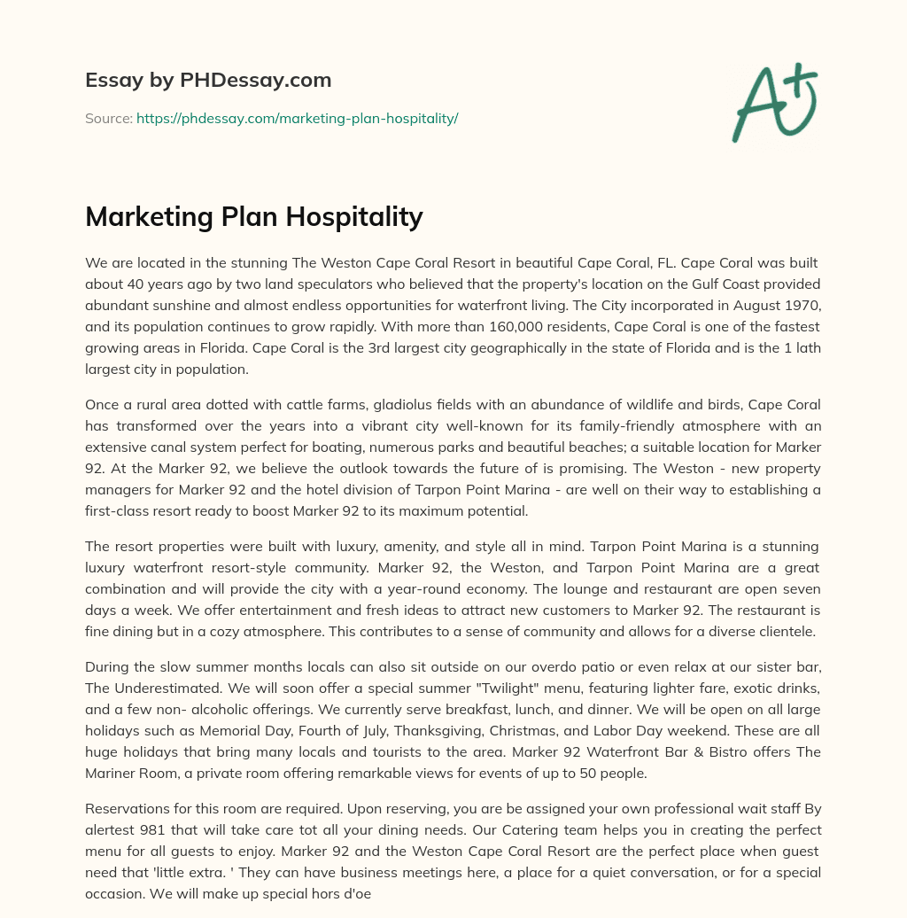 Marketing Plan Hospitality essay