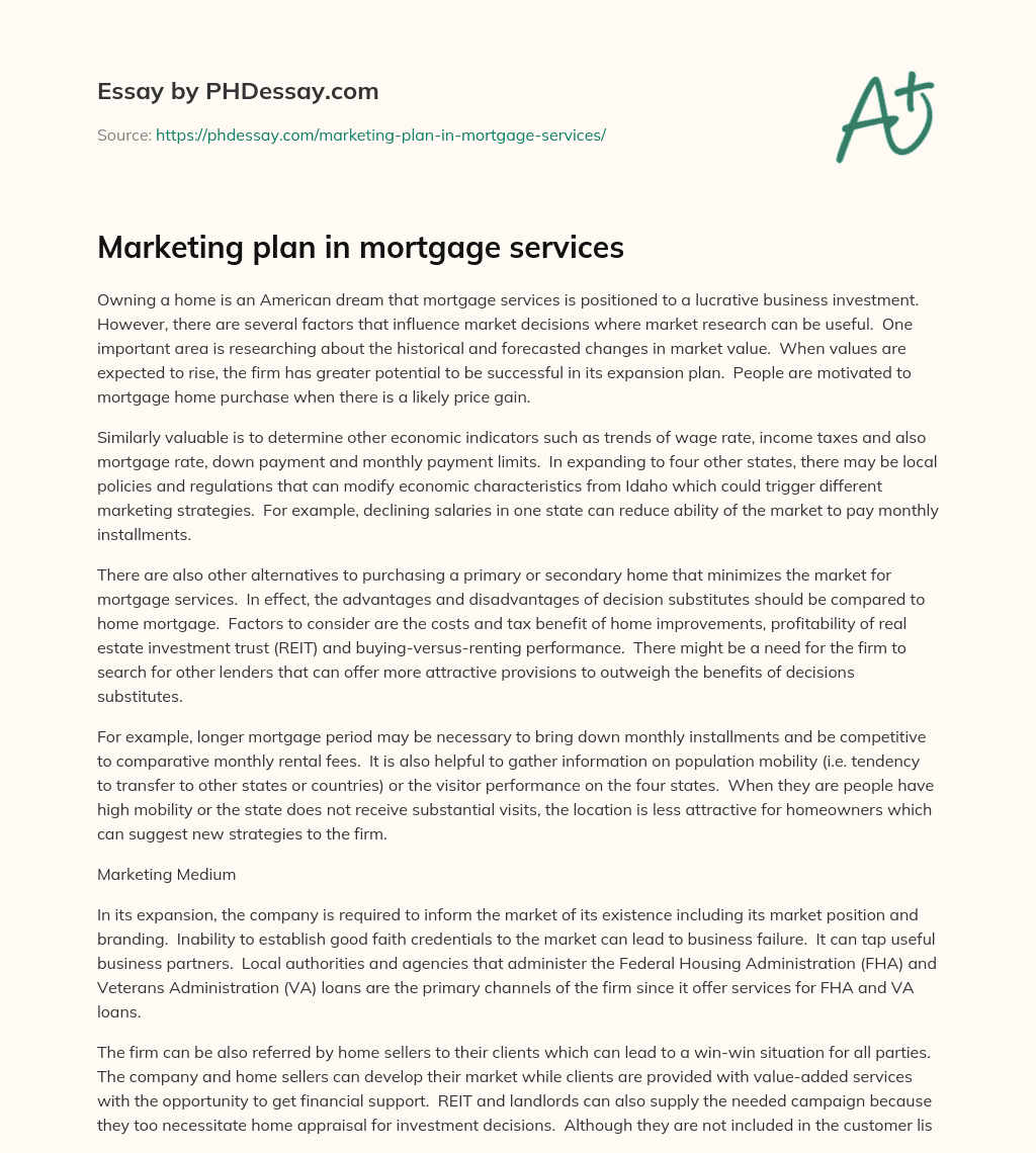 Marketing plan in mortgage services essay