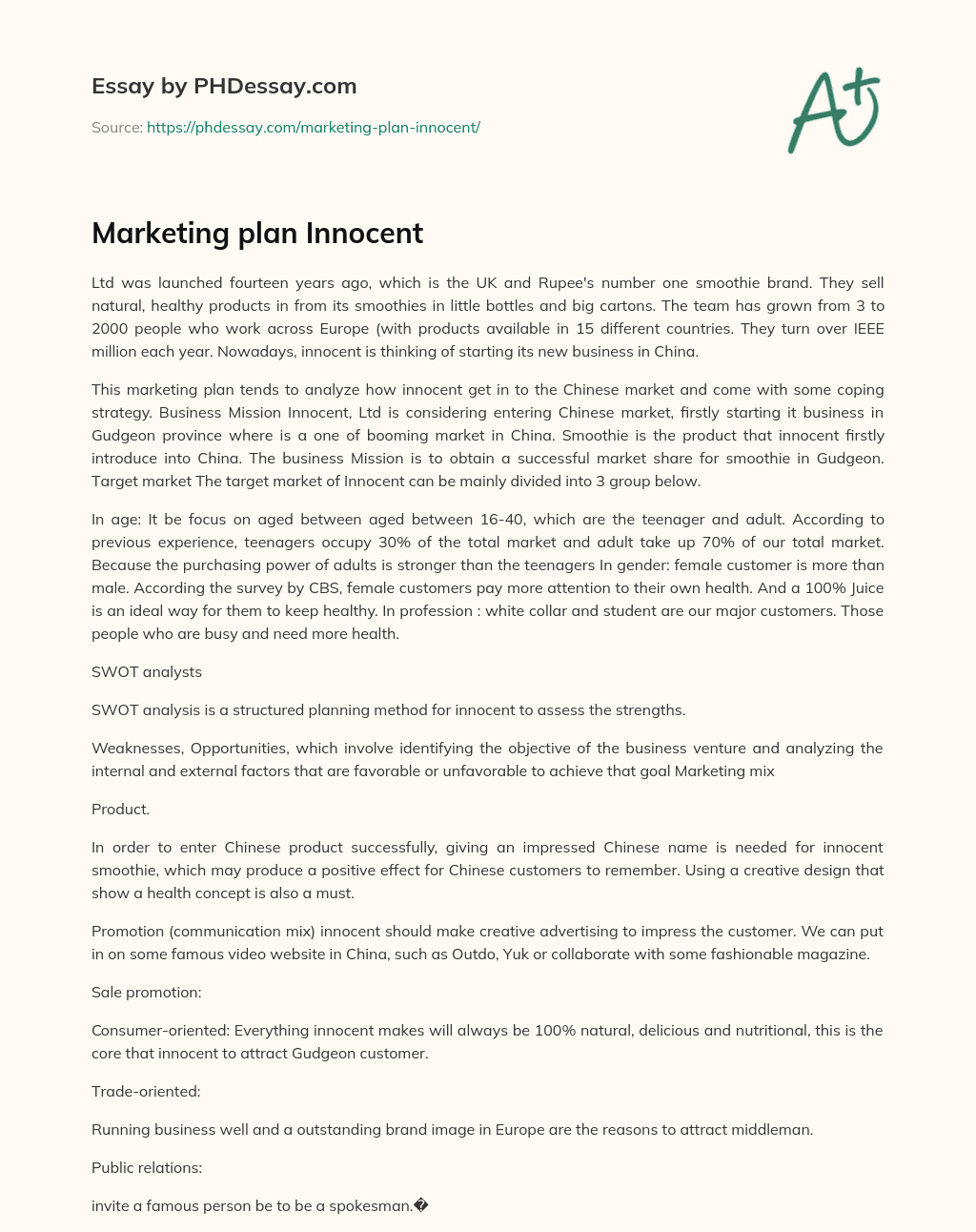 Marketing plan Innocent essay