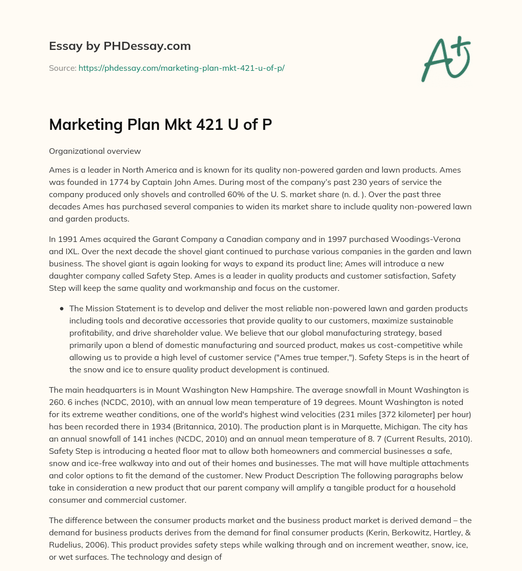 Marketing Plan Mkt 421 U of P essay