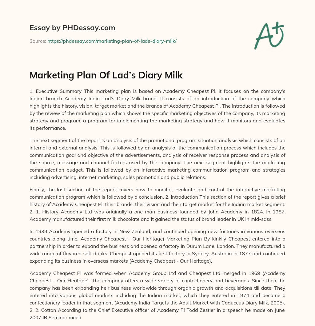 Marketing Plan Of Lad’s Diary Milk essay