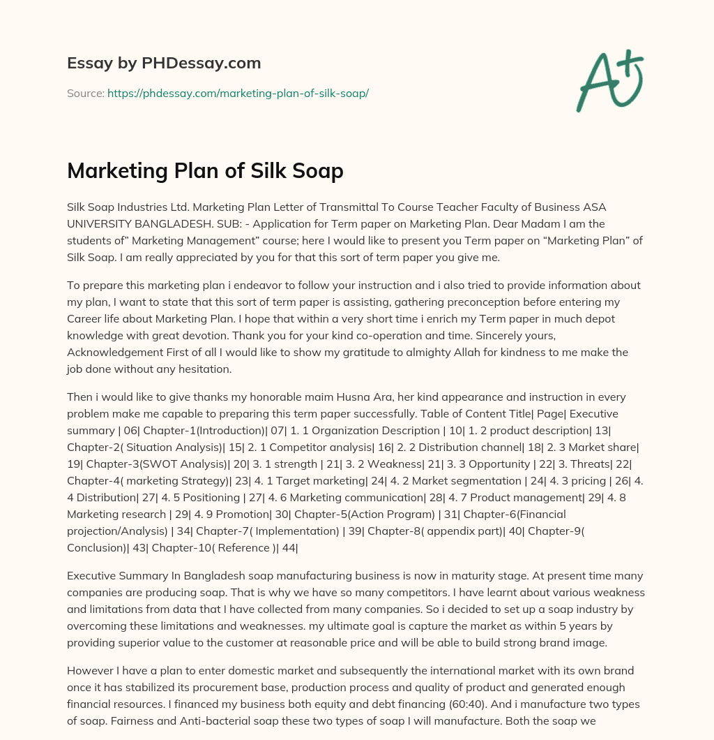 Marketing Plan of Silk Soap essay
