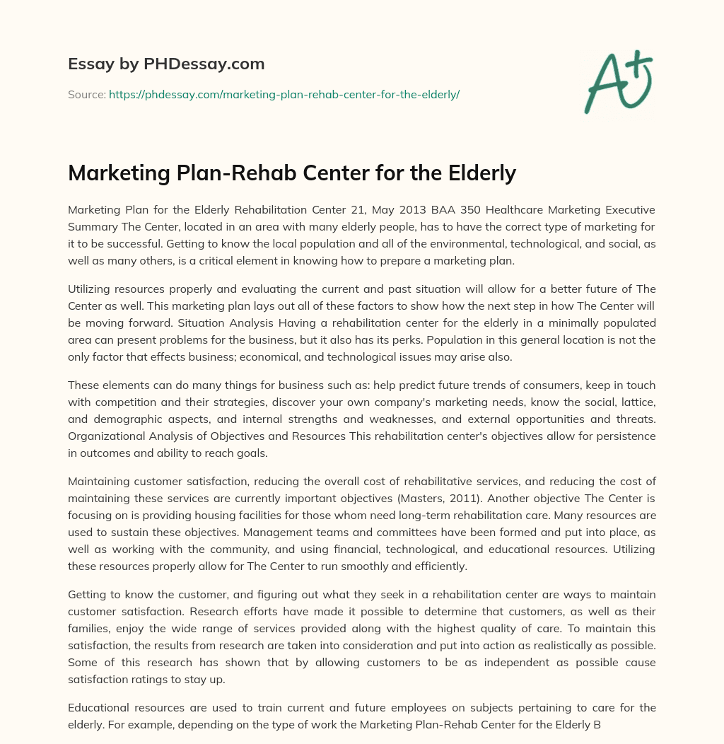 Marketing Plan-Rehab Center for the Elderly essay