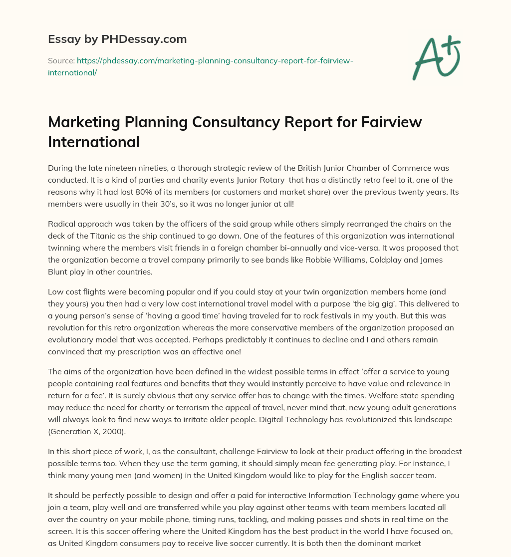 Marketing Planning Consultancy Report for Fairview International essay