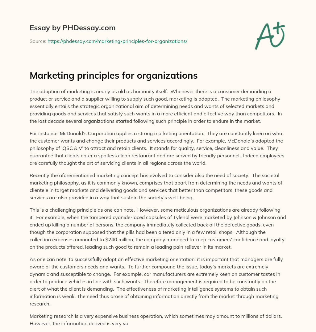 Marketing principles for organizations essay