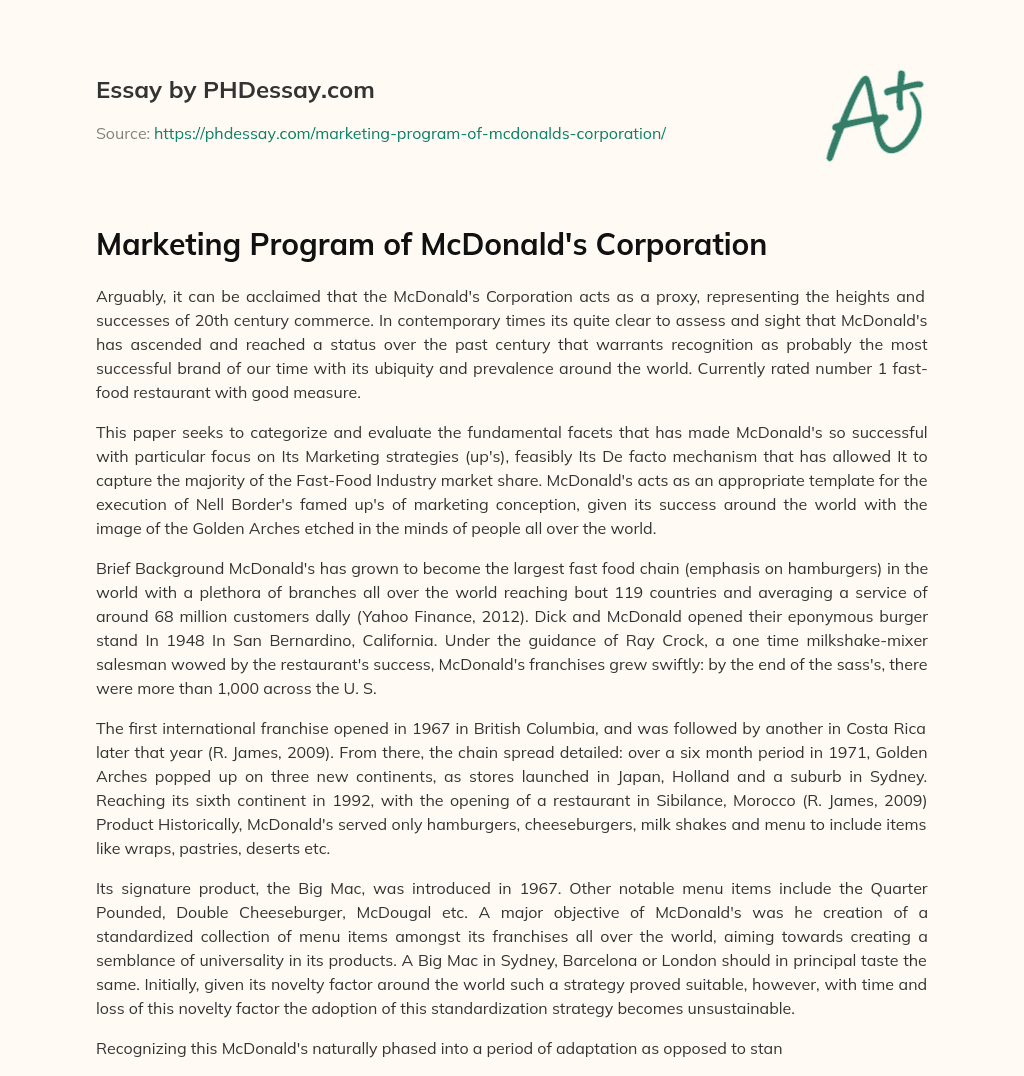Marketing Program of McDonald’s Corporation essay