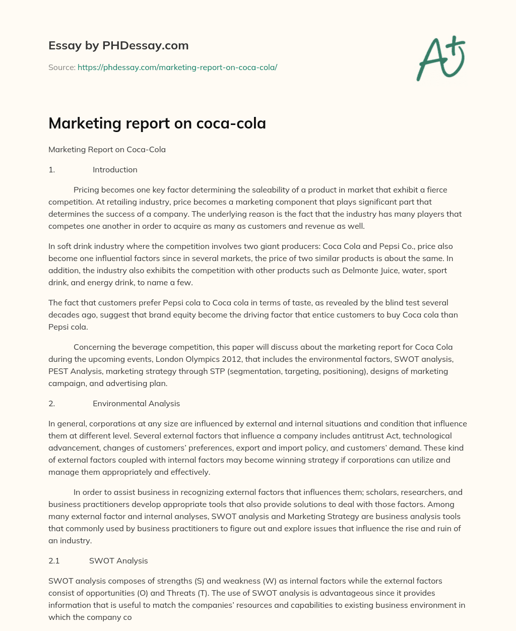 Marketing report on coca-cola essay
