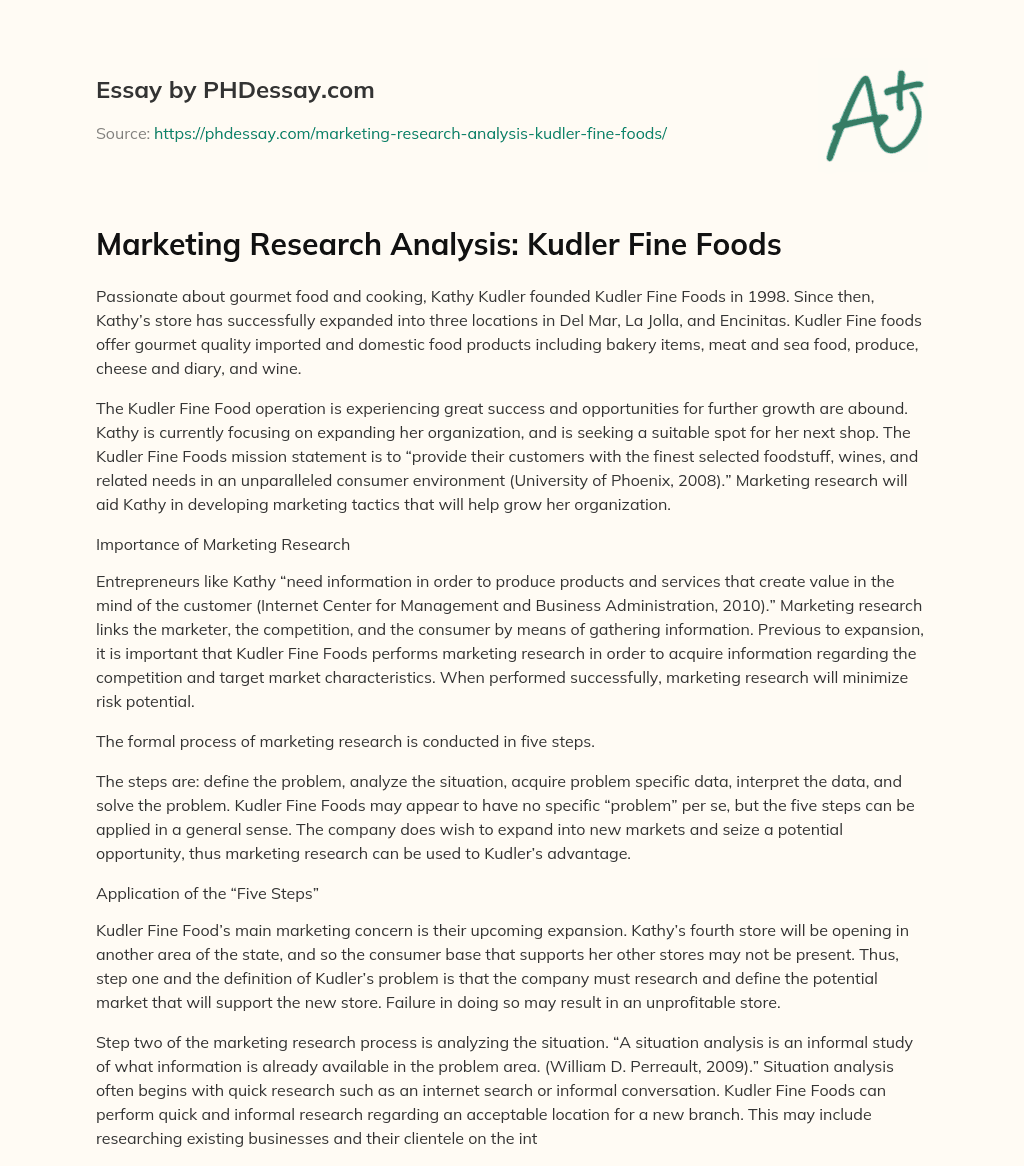 Marketing Research Analysis: Kudler Fine Foods essay