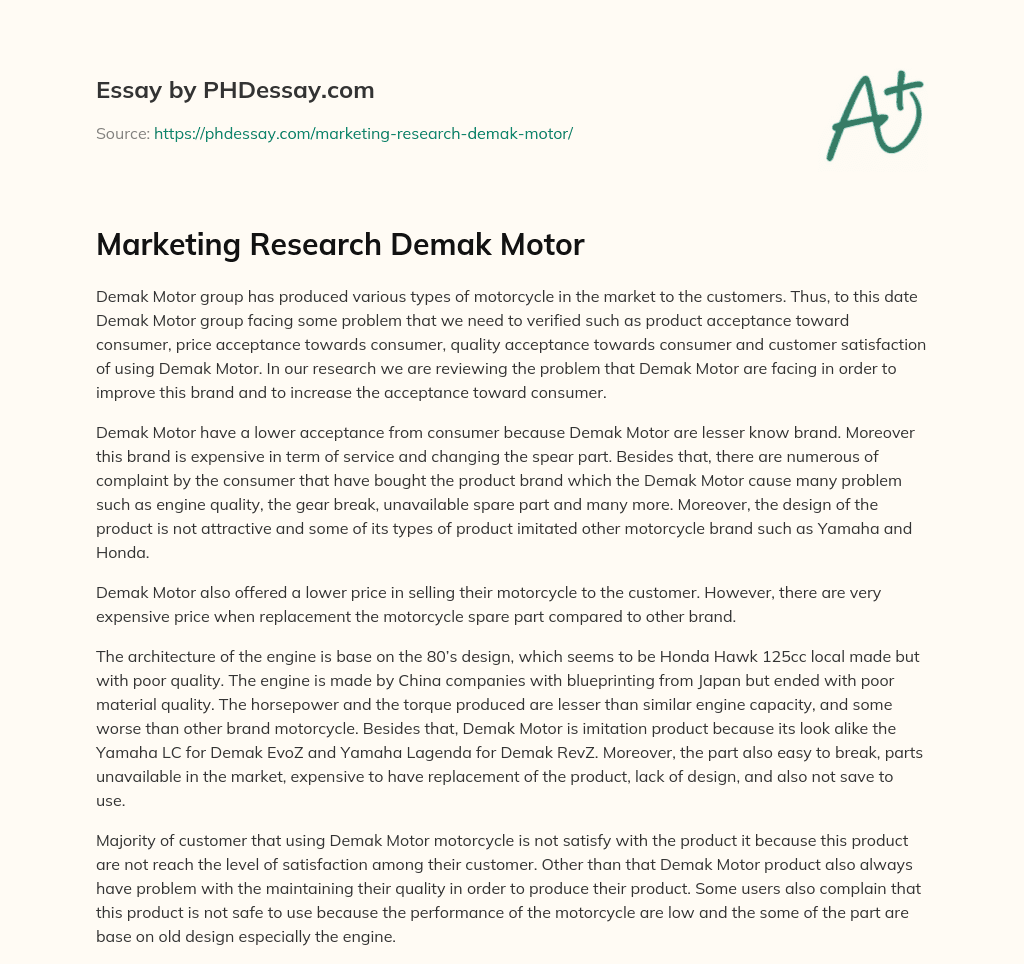 Marketing Research Demak Motor essay