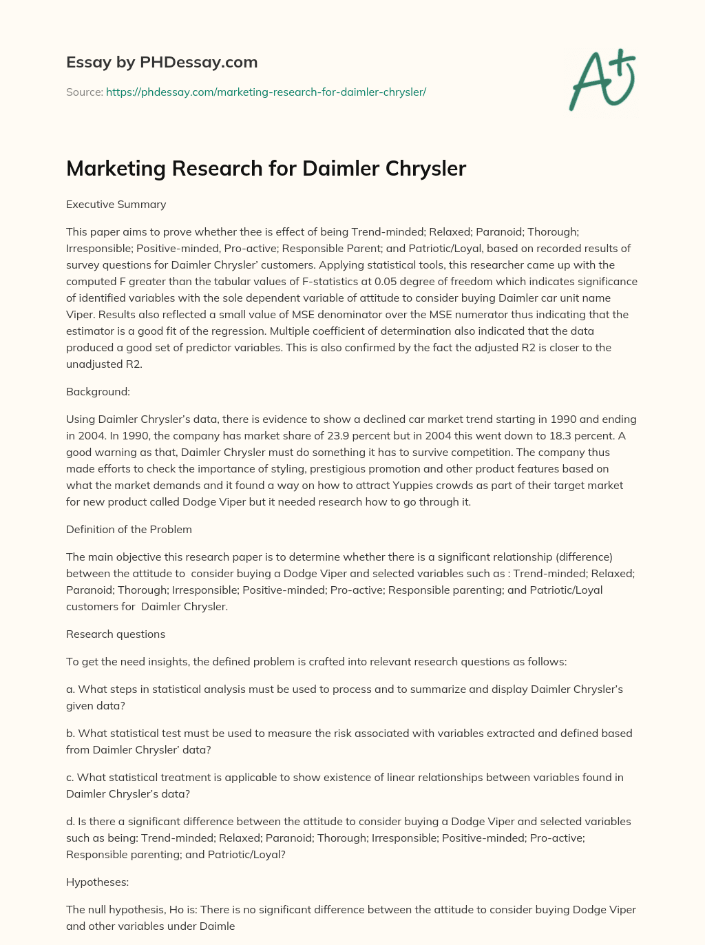 Marketing Research for Daimler Chrysler essay