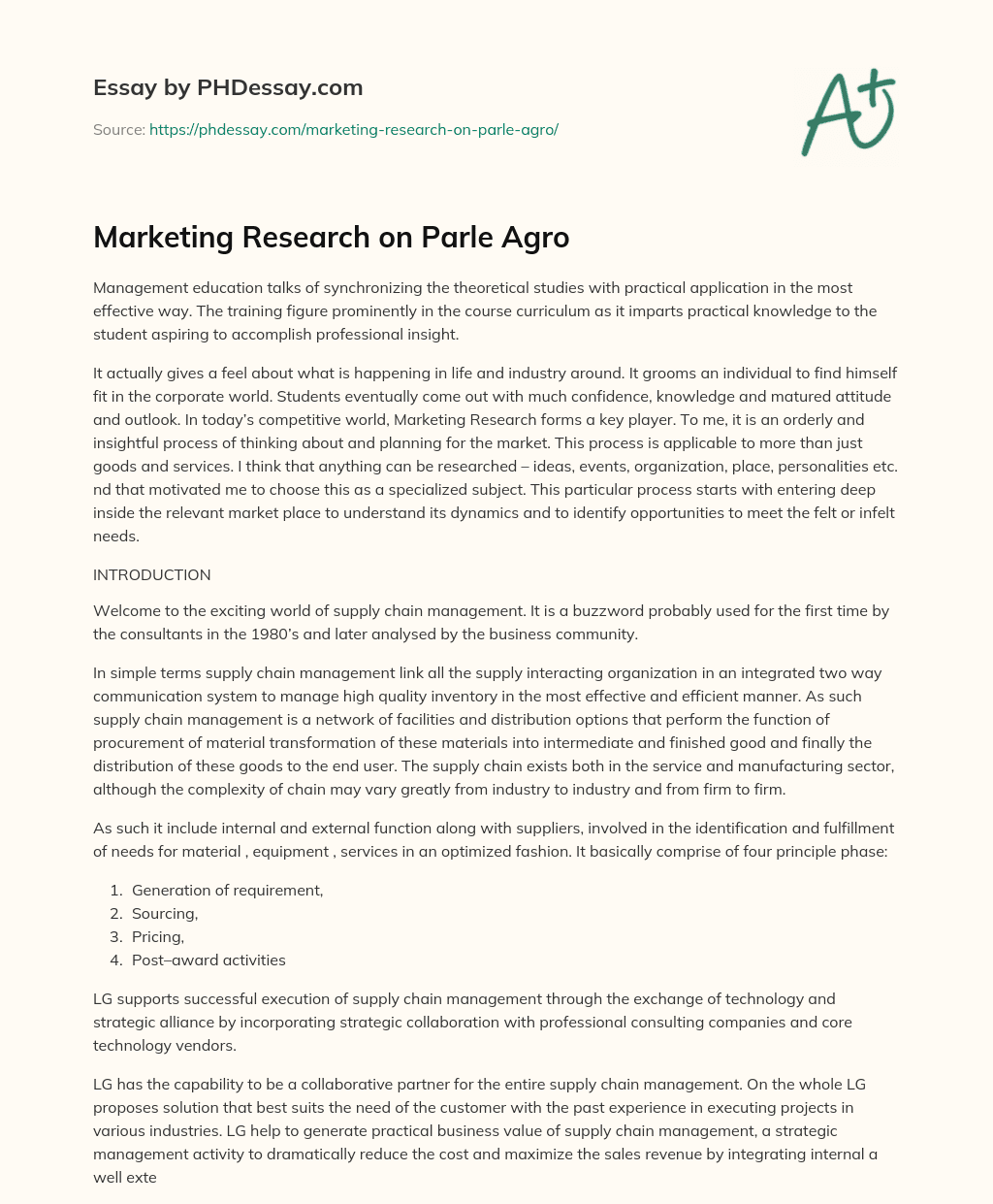 Marketing Research on Parle Agro essay