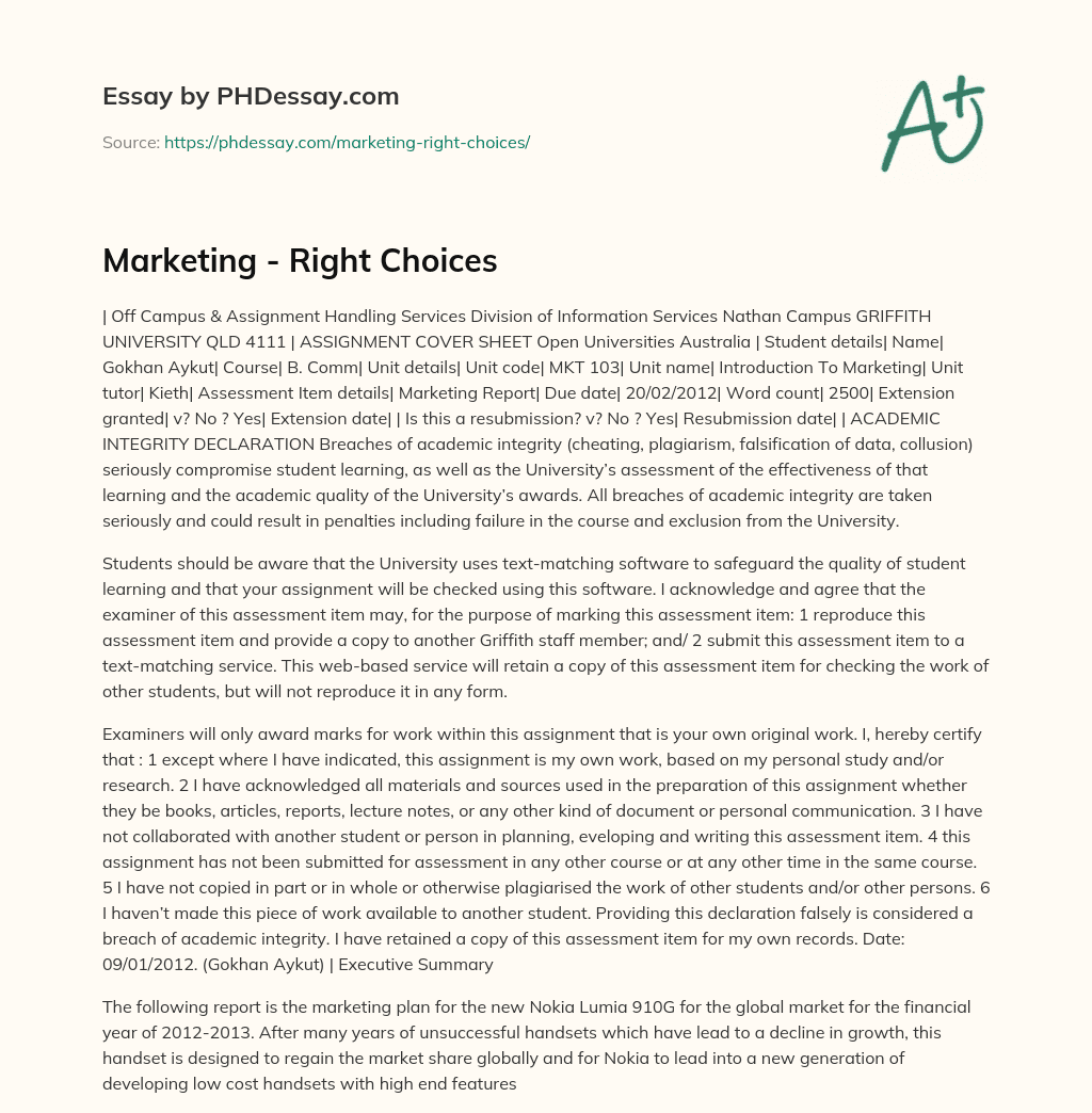 Marketing – Right Choices essay