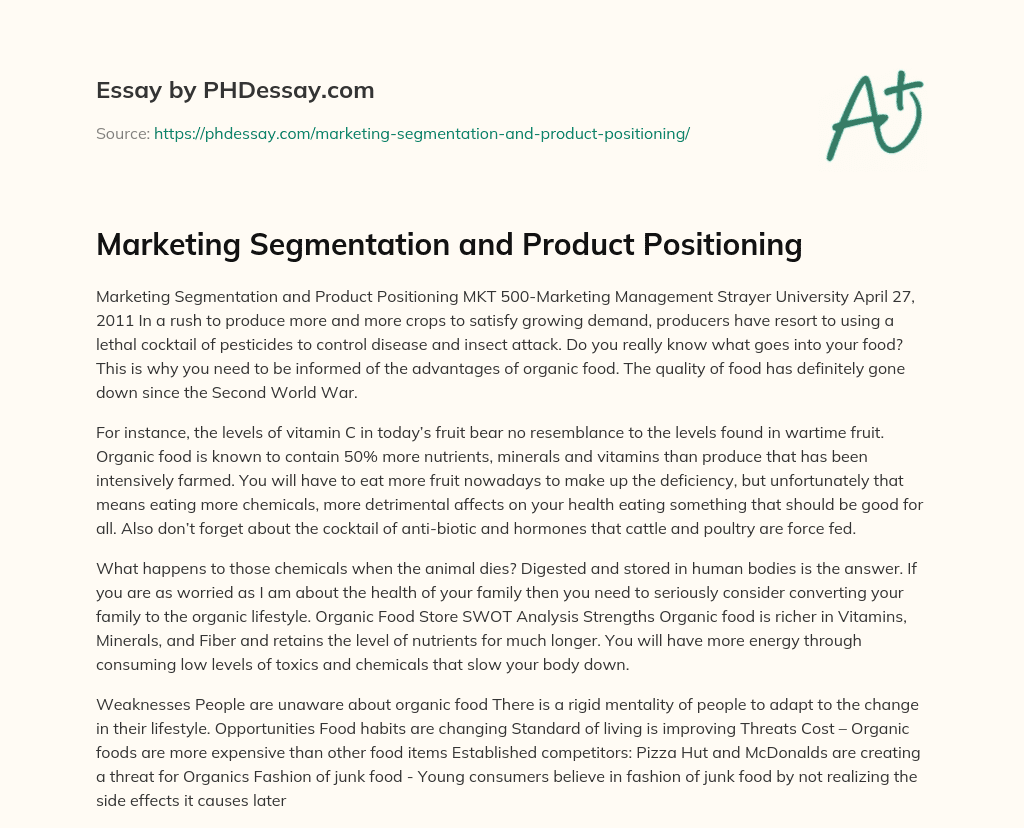 Marketing Segmentation and Product Positioning essay
