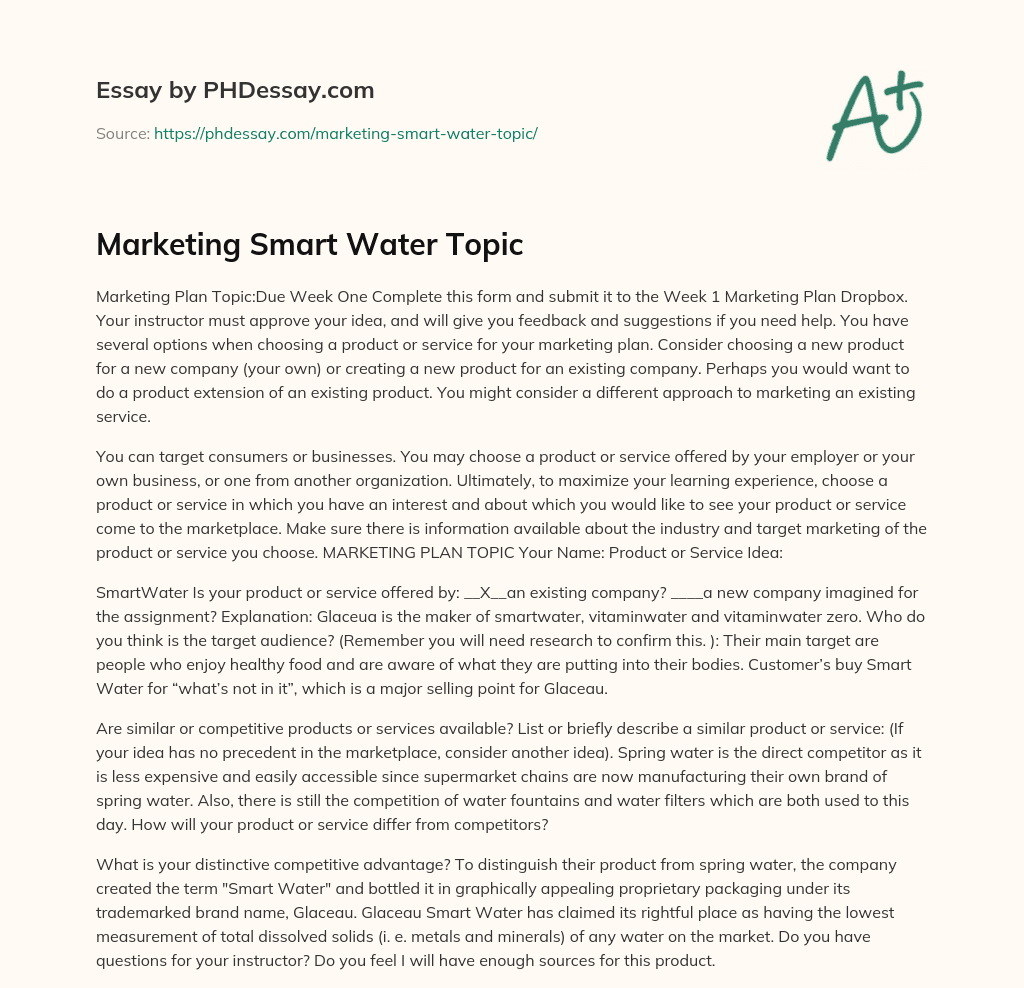 Marketing Smart Water Topic essay