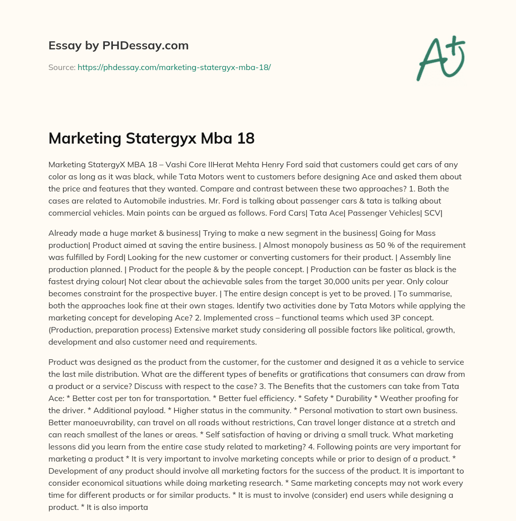 Marketing Statergyx Mba 18 essay