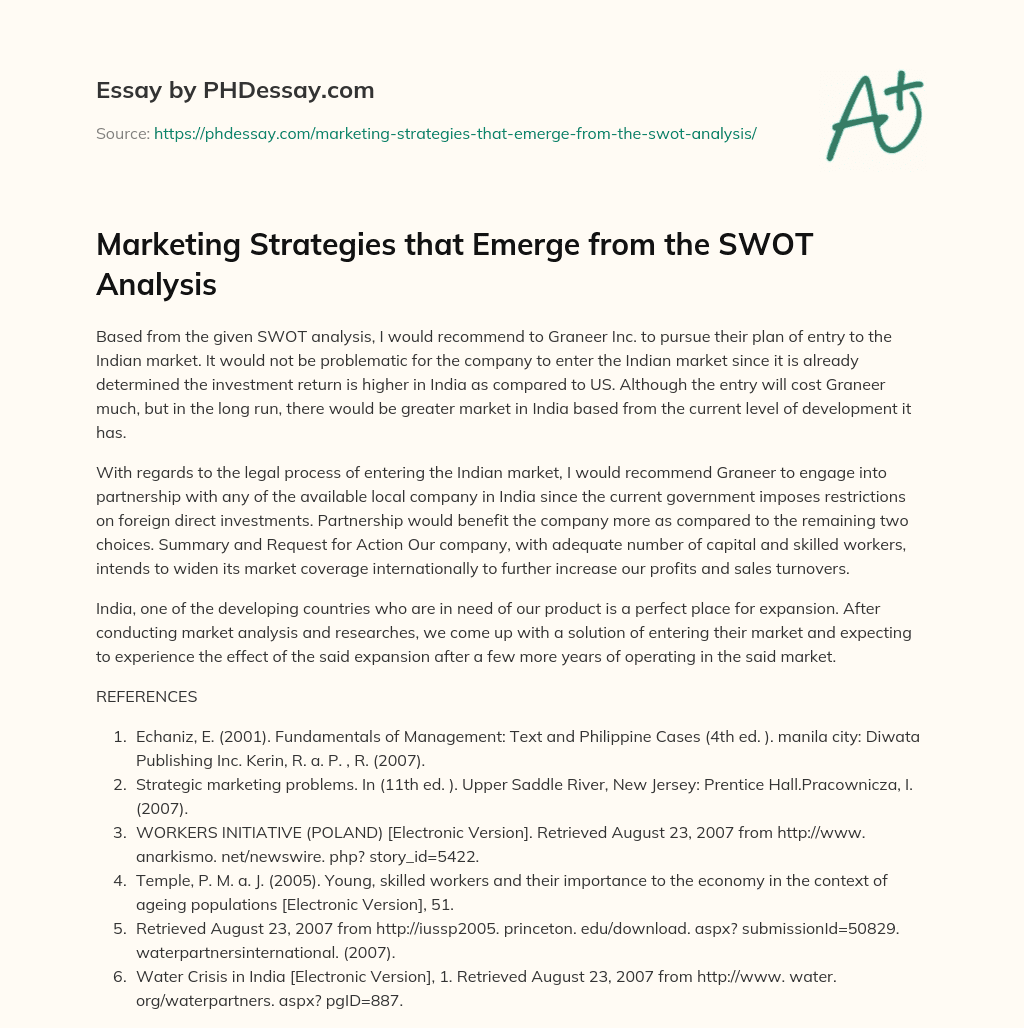 Marketing Strategies that Emerge from the SWOT Analysis essay