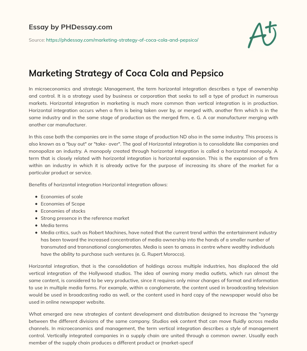 Marketing Strategy of Coca Cola and Pepsico essay