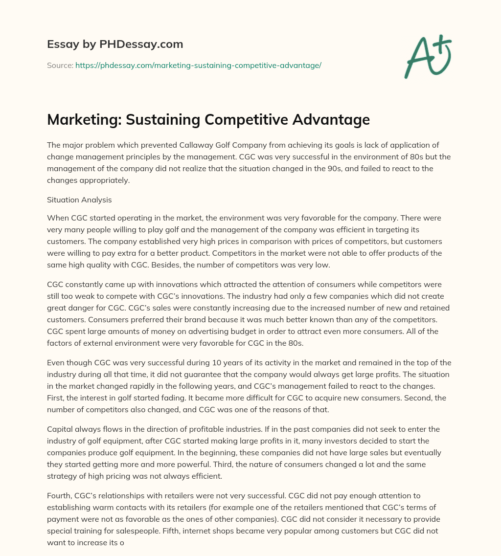 Marketing: Sustaining Competitive Advantage essay
