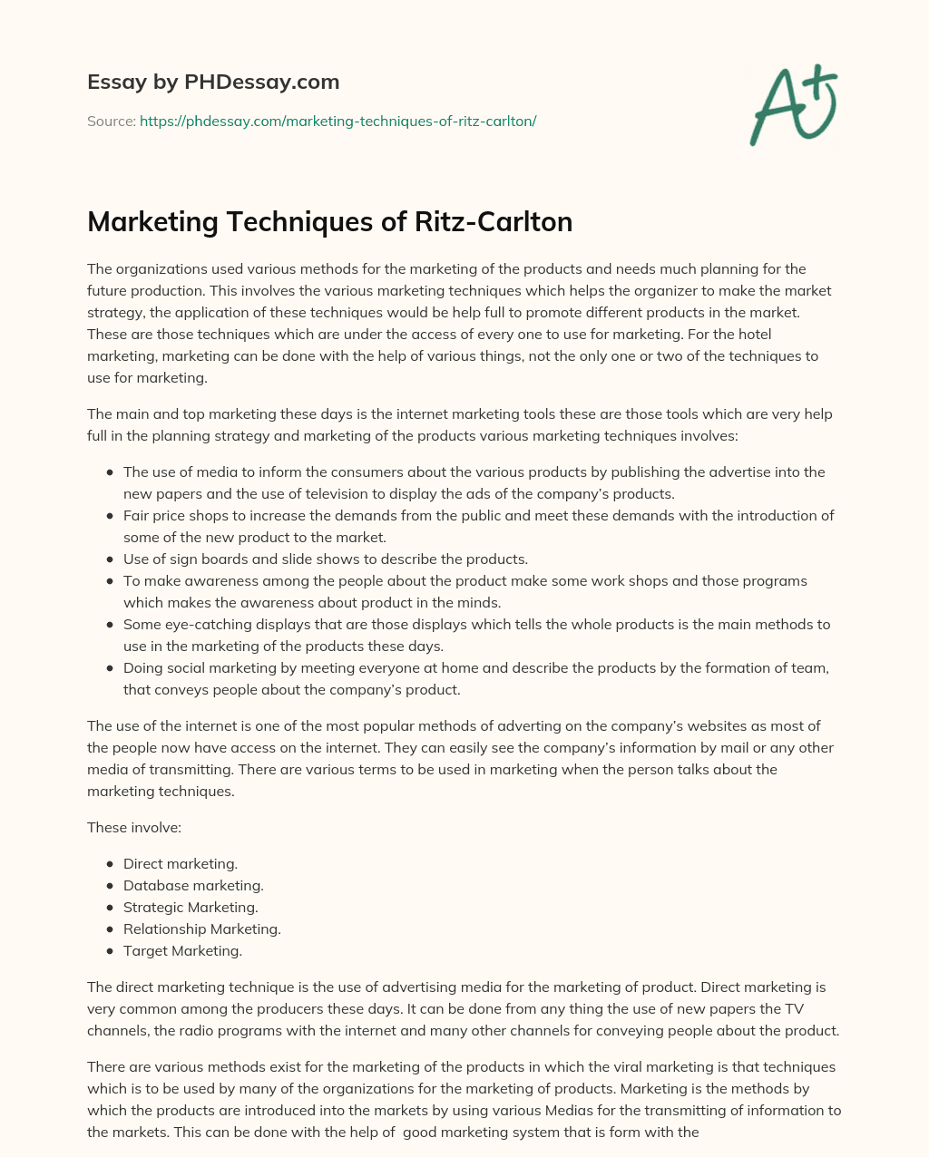 Marketing Techniques of Ritz-Carlton essay