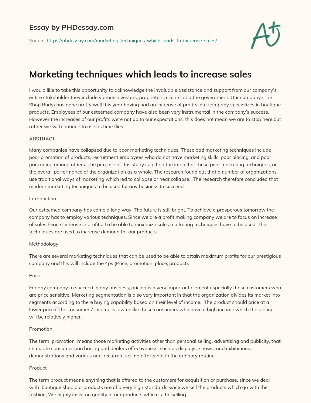 Marketing techniques which leads to increase sales essay