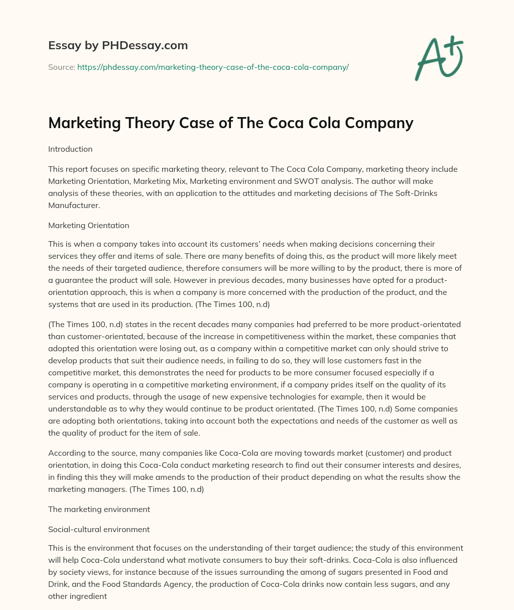 Marketing Theory Case of The Coca Cola Company essay