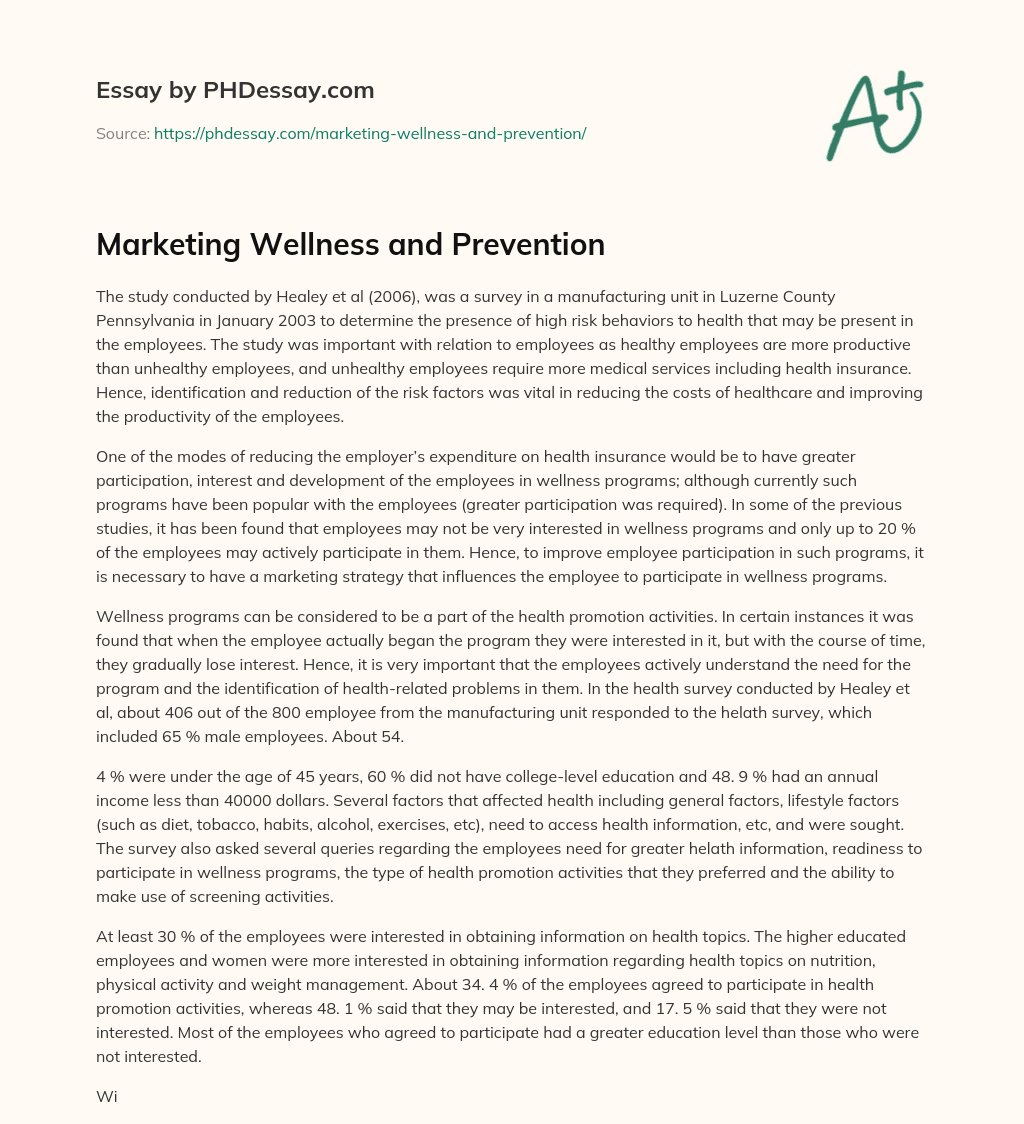 Marketing Wellness and Prevention essay