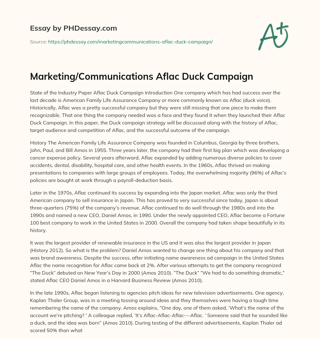Marketing/Communications Aflac Duck Campaign essay
