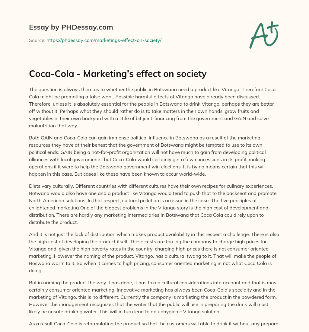Coca-Cola – Marketing’s effect on society essay