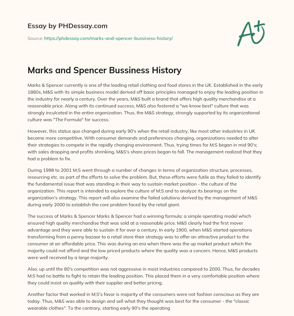 Marks and Spencer Bussiness History essay